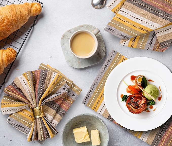 Ramanta Home Salsa Stripe Natural Oversized Cloth Napkins 20x20 Inches, Cotton Soft & Durable Table Dinner Napkin Ideal for Thanksgiving, Christmas, Wedding | Washable Kitchen Fabric for Everyday Use
