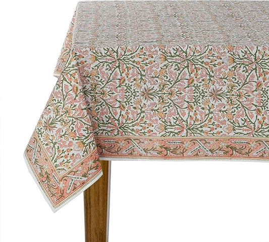 Ridhi Sassy Salmon Pink Hand Block Print Cotton Rectangle Tablecloth 118 x 70 inch-Reusable Table Cover Decorative Everyday Use for Dining Room, Farmhouse, Thanksgiving, Christmas Wedding, Fall