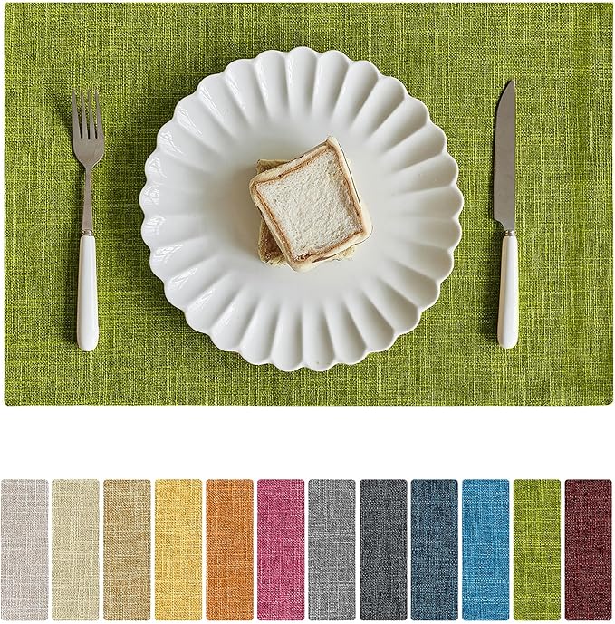 Softalker Faux Linen Placemats Set of 6-12 x 18 Inch, Heat Resistant Double Layered Durable Burlap Farmhouse Place Mats, Non-Slip Washable Rustic Table Mats for Dining, Kitchen, Party（Lime Green