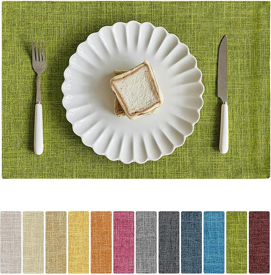 Softalker Faux Linen Placemats Set of 8-12 x 18 Inch, Heat Resistant Double Layered Durable Burlap Farmhouse Place Mats, Non-Slip Washable Rustic Table Mats for Dining, Kitchen, Party（Lime Green