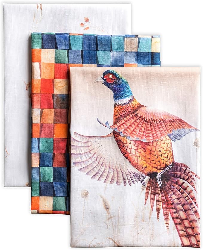 Maison d' Hermine Kitchen Towels Set of 3 100% Cotton 20" x 27.5" Reusable Cloth Tea Dish Towels Absorbent with Hanging Loop for Kitchen Dining Thanksgiving Christmas Decorations (Faisan D'Automne)