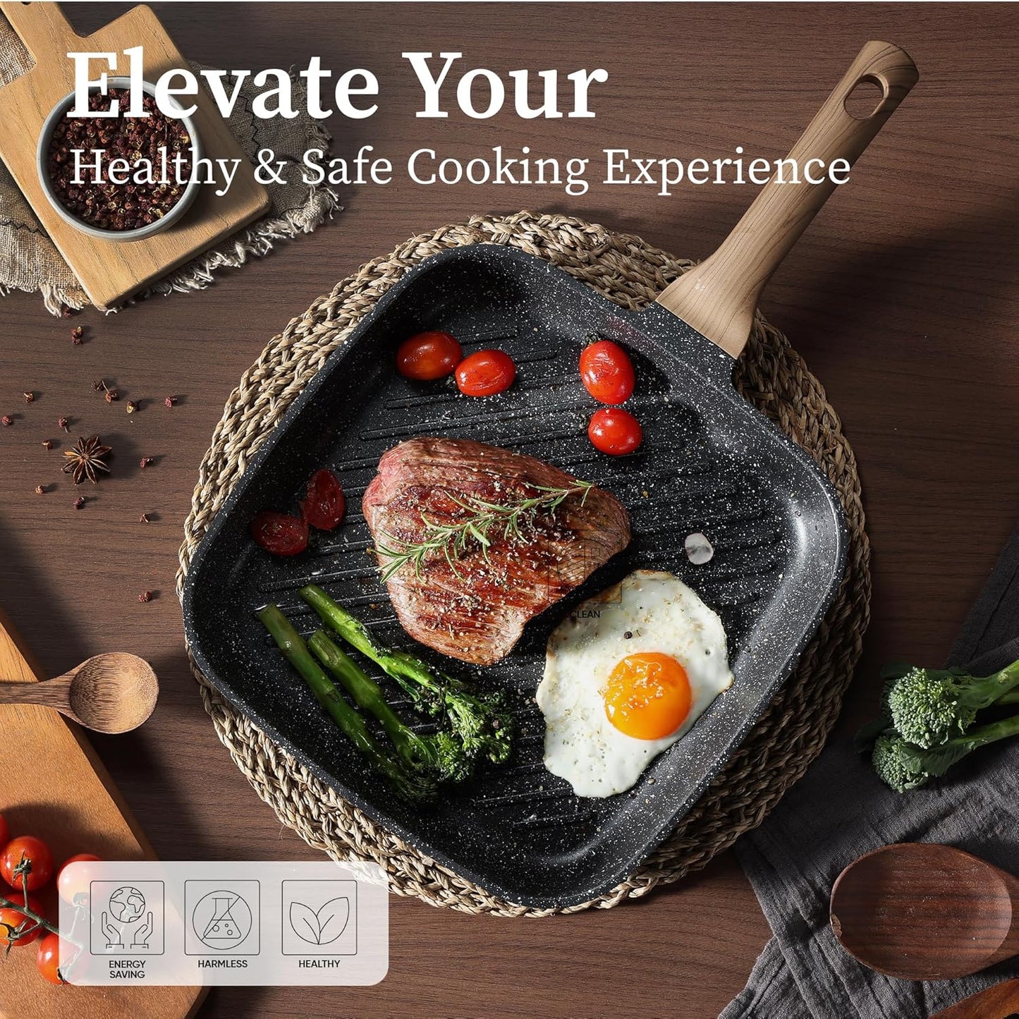 CAROTE 11 Inch Nonstick Grill Pan for Steak - Premium Granite Nonstick Coating, Square Grill Skillet, Indoor Outdoor RV Camping Use, Gas & Induction Safe, All Stovetops Compatible, PFOA Free, Black