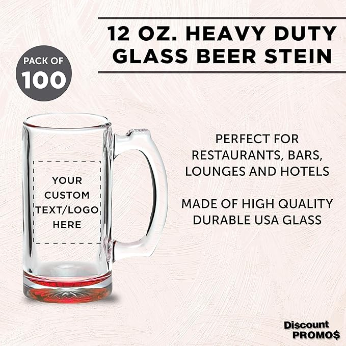 100 Libbey Beer Mugs Set, 12 oz. - Customizable Text, Logo - Groomsmen Glassware - Red