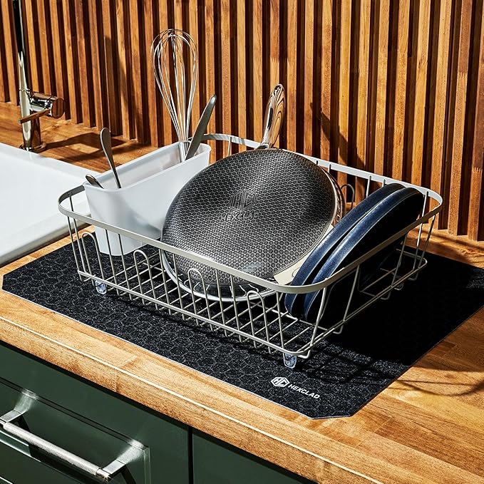 HexClad 2-Piece Dish Drying Mat Set Made of Absorbent Fabric that Holds up to 8oz of Liquid, Ultra-Thin Design for Fast Drying, Waterproof and Non-Slip Backing, Cut for a Universal Fit that Won’t Fray