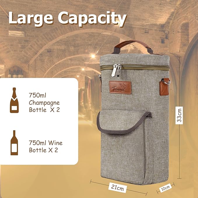 Tirrinia 2 Bottle Wine Gift Tote Carrier - Leakproof & Insulated with large pockets Wine Cooler Bag for Travel, Wine Tasting, Party, Dinner, Great Gift for Wine Lover
