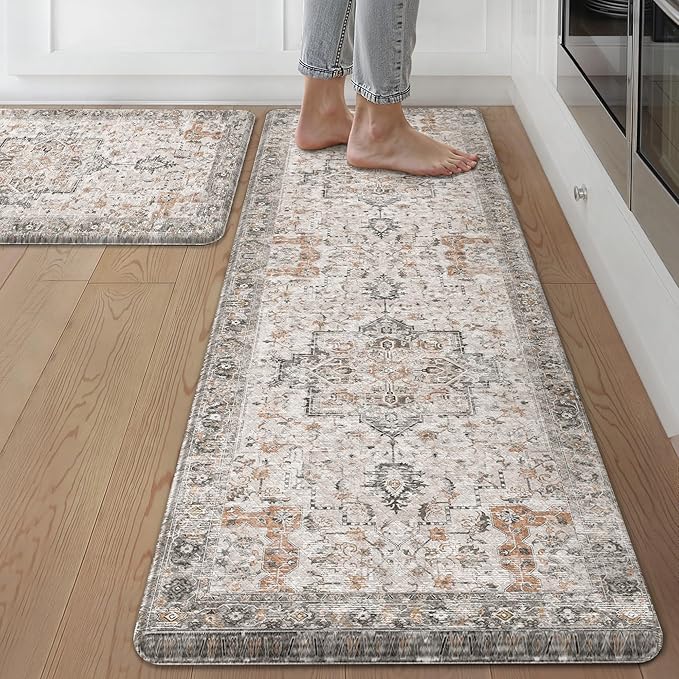 GENIMO 17.3"x59"+17.3"x30"-0.47 Kitchen Mats for Floor 2PCs, Washable Anti Fatigue Mat for Cushioned, Waterproof Kitchen Rugs, Non Slip Comfort Standing Mat Rug for Home, Sink, LightTaupeBrown