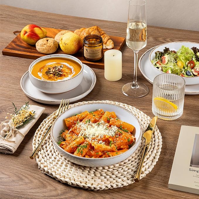 AmorArc 24 Pieces Ceramic Dinnerware Sets for 8, Handpainted Stoneware Plates and Bowls Set with Rustic Terracotta Underside, Scratch Resistant Dishes Set, Dishwasher & Microwave Safe, White