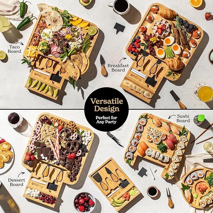SMIRLY Charcuterie Boards Set - Large Bamboo Cheese Board Set - House Warming Gifts New Home, Wedding Gift for Couple, Bridal Shower Gift, Birthday Gifts for Women