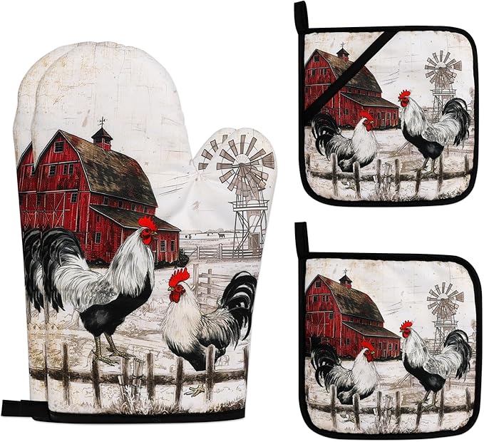 Rooster Print Oven Mitts and Pot Holders Sets of 4 Rustic Chicken Kitchen Mitts Potholders Heat Resistant Farmhouse Cute Oven Gloves Hot Pads for Chicken Kitchen Decor