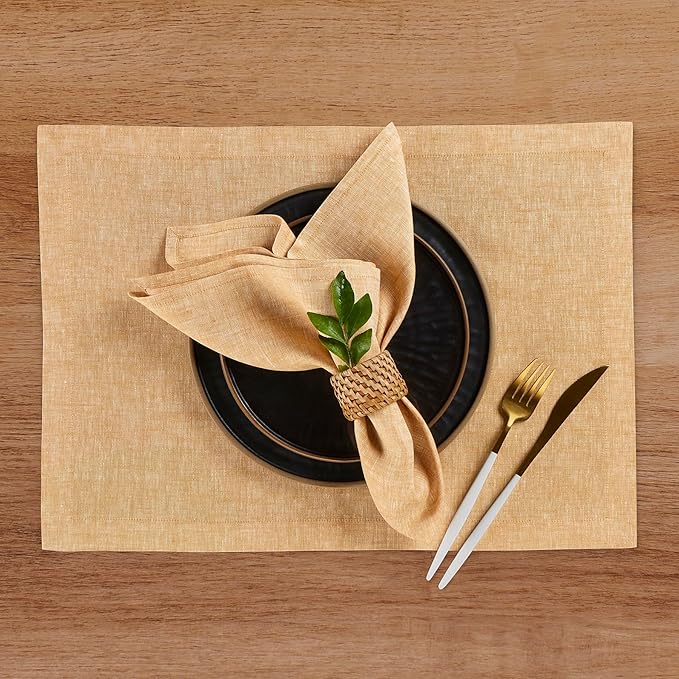 Solino Home Linen Cloth Placemats Set of 4 - 100% Pure Linen Golden Nugget Placemats 14 x 19 Inch for Fall, Autumn, Thanksgiving - Athena