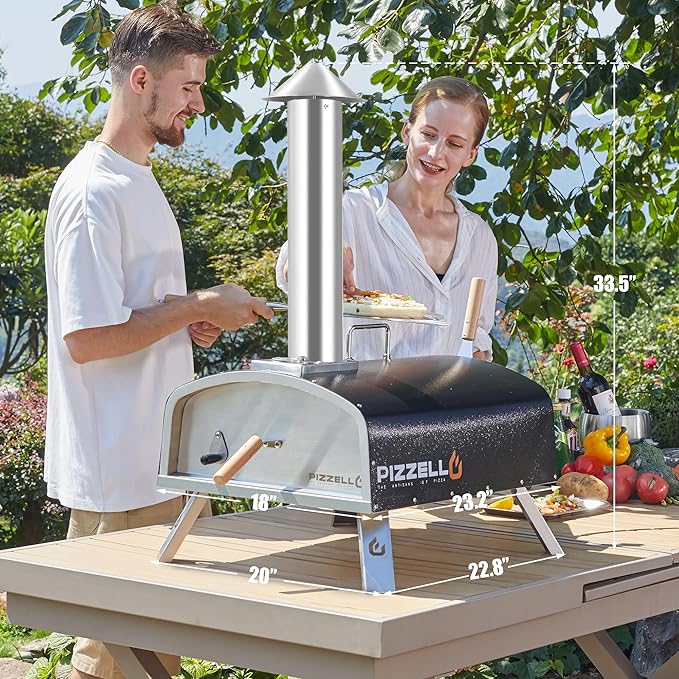 16" Outdoor Pizza Oven Propane & Wood Fired Multi-fuel Large Stainless Steel Pizza Grill with Gas Burner, Wood Tray Pizza Stone, Pizza Peel, Carry Bag (Black)