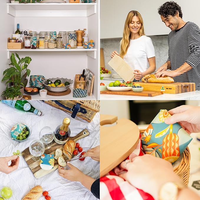 Beeswax Wraps for Food - The Kitchen Collection - Organic Cotton Beeswax Wrap - Reusable Beeswax Food Wrap - Plastic Wrap/Sandwich Bags Alternative - 4 Pack, S, M, L & XL