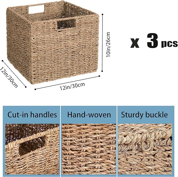 Seagrass Storage Baskets, 12X12X10in Cube Wicker Storage Basket for Shelves, Pantry Baskets Organization and Storage, Kitchen Storage Baskets, Bathroom Shelves Storage Basket Set of 3