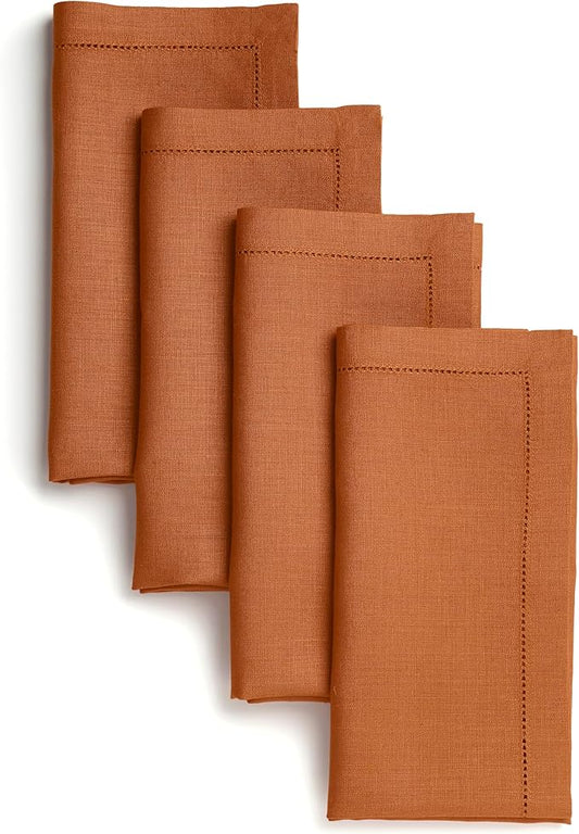 D'Moksha Homes Rust Linen Napkins Set of 4 - Classic Hemstitch 100% Pure Linen Hemstitch Dinner Napkins 20 x 20 Inch for Fall, Thanksgiving, Holiday - Handcrafted and Machine Washable