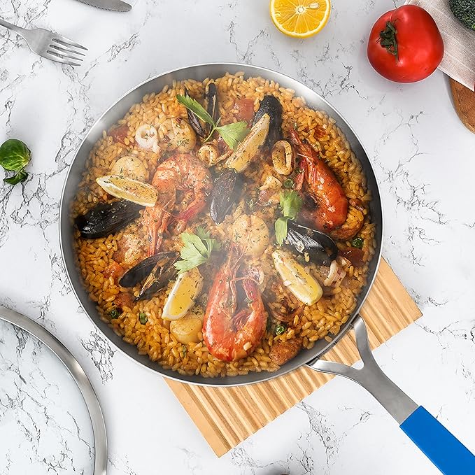 Inqibee 12 Inch Tri-Ply Stainless Steel Frying Pan with Lid,Skillet,Induction Cooking Pan,Dishwasher Safe and Detachable Handle