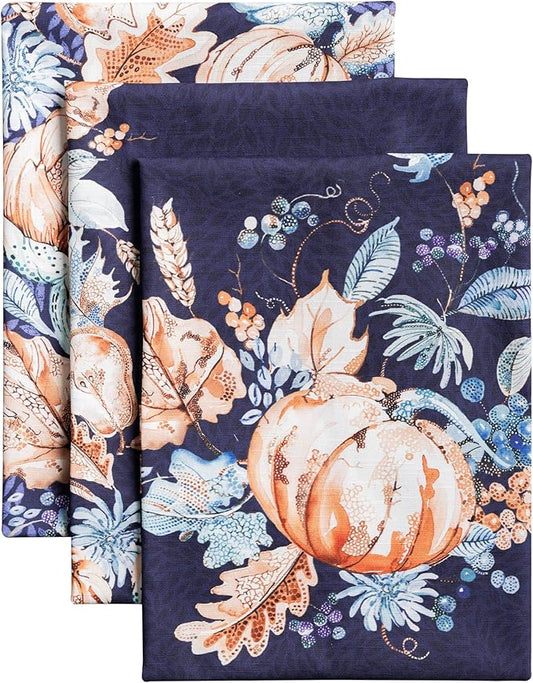 Maison d' Hermine Kitchen Towels Set of 3 100% Cotton 20" x 27.5" Reusable Cloth Tea Dish Towels Absorbent with Hanging Loop for Kitchen Dining Thanksgiving Christmas Decorations (Pumpkin Blues)