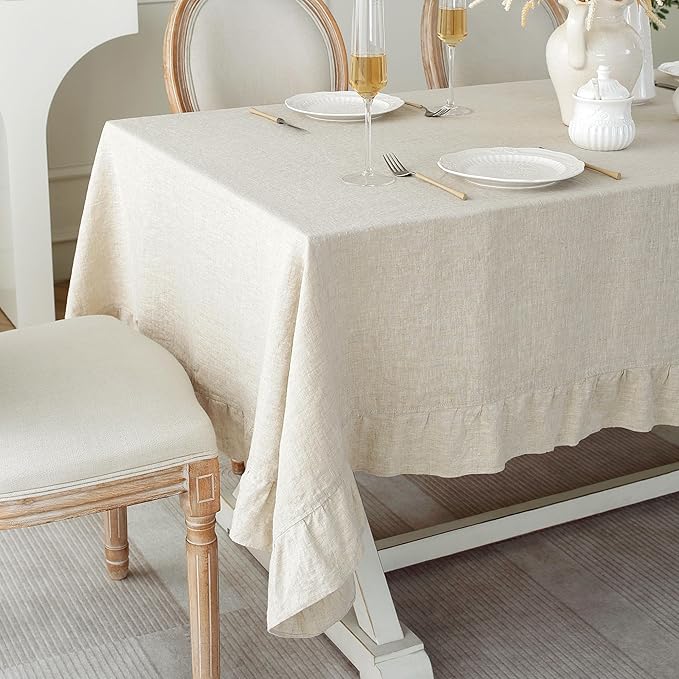 Linen World Ruffle Linen Tablecloth, 100% French Linen Natural Tablecloth 132" x 90" Inch, Washable Rectangular Tablecloth for Dining, Outdoor, Weddings and Restaurants, Decorative Valentine Easter