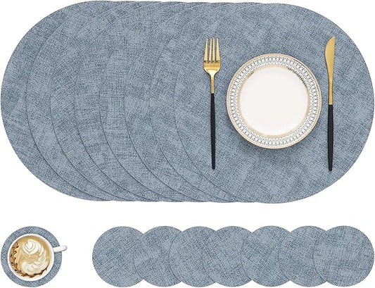 homing Round Faux Leather Placemat and Coaster 8 Packs, Washable Heat Resistant Dining Place Mats, Wipeable Double-Sided Table Mats for Indoor and Outdoor, Diameter 13 and 3.93 inch, Blue