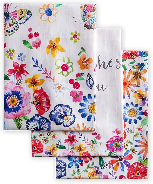 Maison d' Hermine Kitchen Towels Set of 3 100% Cotton 27.50" x 20" Reusable Cloth Tea Dish Towels Absorbent with Hanging Loop for Kitchen, Cocktail Parties Spring/Summer (Happy Florals - High Summer)