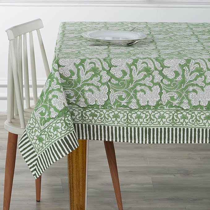 Ridhi Sage Green Hand Block Print Cotton Rectangle Tablecloth 120 X 60 inch-Reusable Table Cover Decorative Everyday Use for Dining Room, Farmhouse, Thanksgiving, Christmas Wedding, Fall
