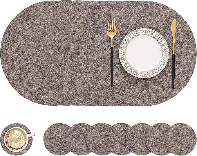 homing Round Faux Leather Placemat and Coaster 8 Packs, Washable Heat Resistant Dining Place Mats, Wipeable Double-Sided Table Mats for Indoor and Outdoor, Diameter 13 and 3.93 inch, Brown