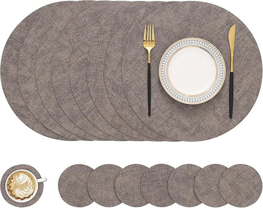 homing Round Faux Leather Placemat and Coaster 8 Packs, Washable Heat Resistant Dining Place Mats, Wipeable Double-Sided Table Mats for Indoor and Outdoor, Diameter 13 and 3.93 inch, Brown