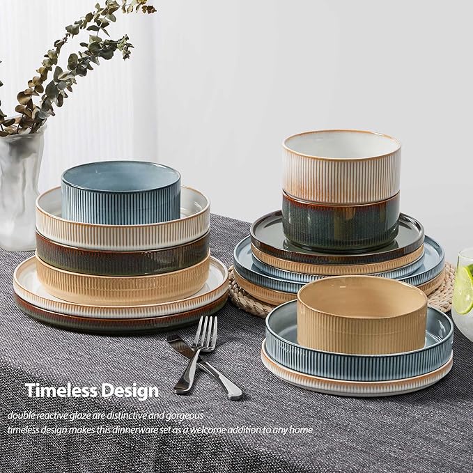 LIANYU Dinnerware Stoneware Sets with Pasta Bowls, 16 Piece Plates and Bowls Set for 4, Ribbed Dishes Set for Home, Microwave and Dishwasher Safe, Four-color