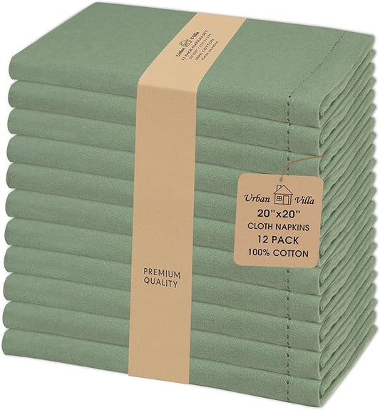 Urban Villa Cloth Napkins Sage Hemstitch Dinner Napkins Set of 12 20X20 100% Cotton Absorbent Washable Durable Reusable Cloth Napkins Ideal for Farmhouse Party Thanksgiving Harvest Fall Dinner Napkins