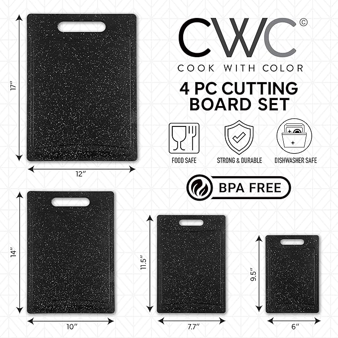 COOK WITH COLOR Non-Slip Cutting Board Set – Kitchen Essentials with Easy Grip Handle for Meat, Veggies, and Fruits, 4 Cutting Boards, Black