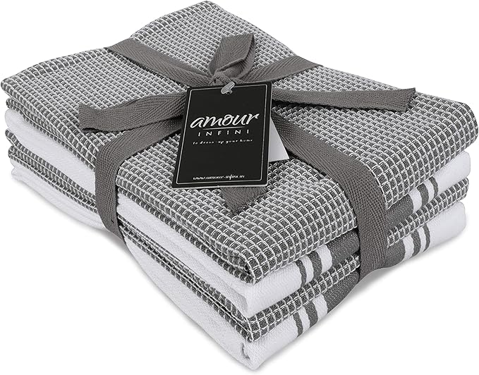 AMOUR INFINI Cotton Kitchen Towels - Set of 4 Highly Absorbent, Ultra Soft Waffle Weave Tea Towel with Hanging Loop - 20x28 Inch Quick Drying Dish Cloths for Cleaning (L.Grey)