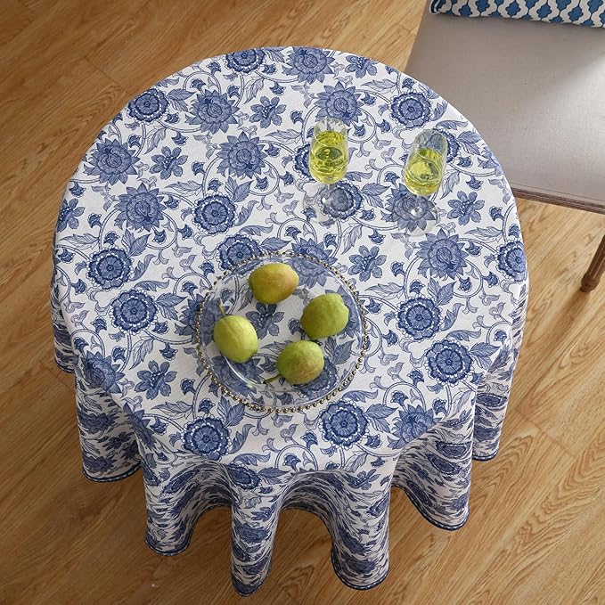 patdrea Designer Blue Tablecloth for Round Tables,Vintage Elegant Linen with Paisley Floral Pattern Tablecloths,Farmhouse Flower Table Cover Cloth Decor for Kitchen Dining Christmas,Diameter 55"