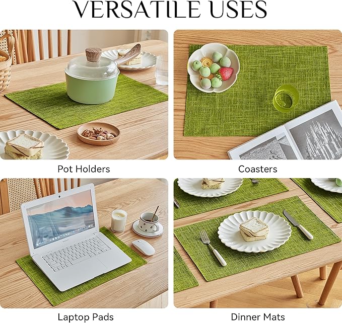 Softalker Faux Linen Placemats Set of 4-12 x 18 Inch, Heat Resistant Double Layered Durable Burlap Farmhouse Place Mats, Non-Slip Washable Rustic Table Mats for Dining, Kitchen, Party（Lime Green