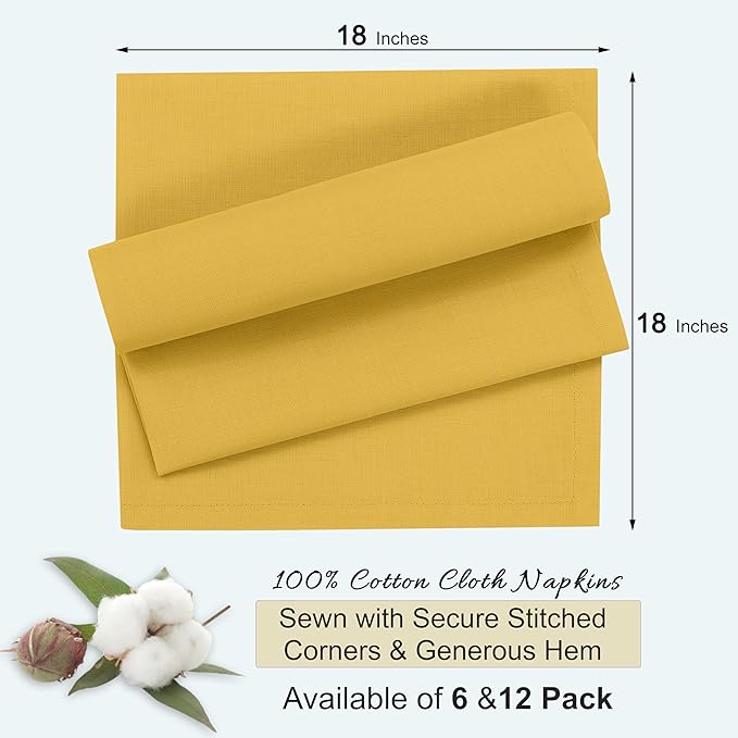 Ruvanti Cloth Napkins Set of 12, 18x18 Inches, 100% Cotton, Washable, Soft & Absorbent, Perfect for Wedding, Christmas, ‎Thanksgiving Dinners - Spicy Mustard