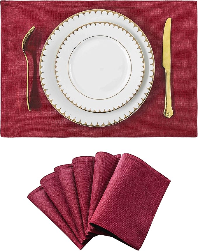 Home Brilliant Placemats Set of 6 Red Place Mats Decoration Heat Resistant Dining Table Place Mats Machine Washable Christmas Kitchen Table Mats, 13x19 inch, Burgundy