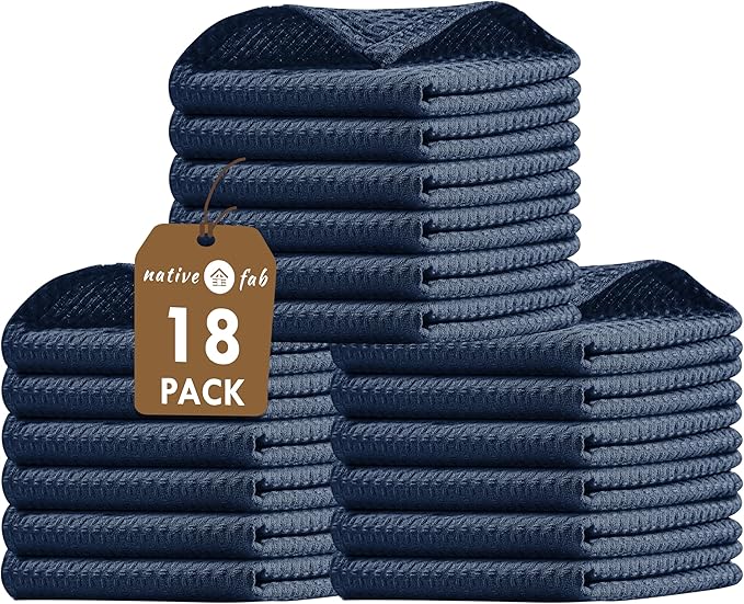 Native Fab Waffle 18 Pack Dish Cloths Set - 100% Cotton, 12"x12", Absorbent, Quick Dry, Washable Towels for Cleaning, Cooking & Drying Dishes - Great for Home, Restaurants, Cafes, Bars - Navy Blue