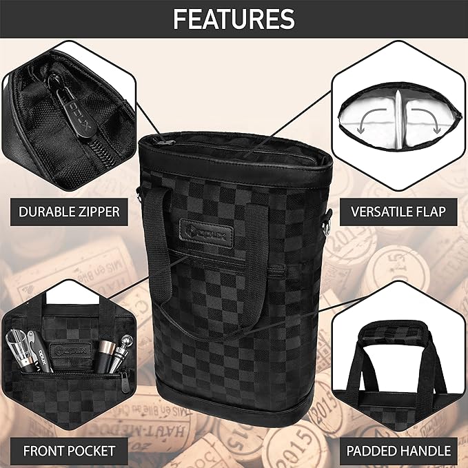 opux Two Bottle Wine Bag Carrier Tote, Insulated Leakproof 2 Bottle Wine Cooler Bag for Travel BYOB Picnic, Portable Wine Case, Gift for Men Women Wine Lover Birthday Party Christmas, Checker Black