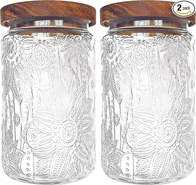 35oz/1000ml Glass Storage Jars with Nature Wood Lids, Airtight Food Storage Containers for Kitchen Organization, Large Capacity for Cookie, Pasta, Sugar, Flour, Cereal - Set of 2 （sunflower）