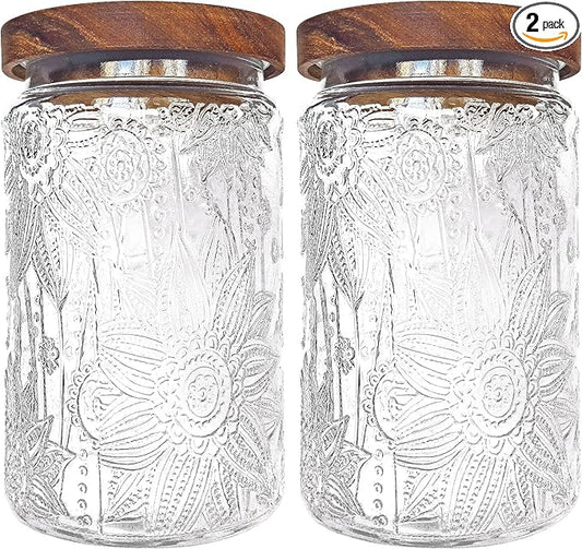 35oz/1000ml Glass Storage Jars with Nature Wood Lids, Airtight Food Storage Containers for Kitchen Organization, Large Capacity for Cookie, Pasta, Sugar, Flour, Cereal - Set of 2 （sunflower）