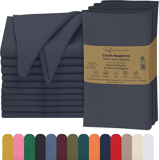 Ruvanti Cloth Napkins Set of 12, 18x18 Inches, 100% Cotton, Washable, Soft & Absorbent, Perfect for Wedding, Christmas, ‎Thanksgiving Dinners - Ombre Blue