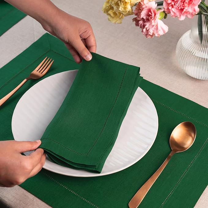 D'Moksha Homes Forest Green Linen Napkins Set of 4 - Classic Hemstitch 100% Pure Linen Hemstitch Dinner Napkins 20 x 20 Inch for Thanksgiving, Christmas, Holiday - Handcrafted and Machine Washable