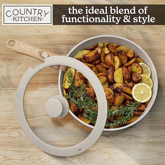 Country Kitchen Cookware Set with Removable Handle, Oven & RV Safe Pots and Pans Set, Cream Gold Speckle Wood Handle, Original