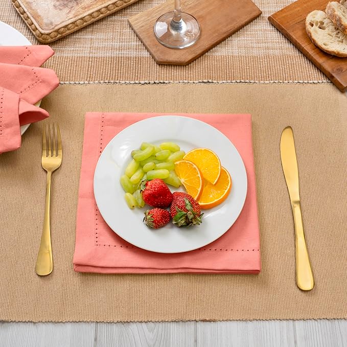 Blue Needles Set of 12 Hemstitch Linen Napkins 100% Cotton Salmon Cloth Dinner Napkins 18x18 inches, Soft, Reusable, Absorbent, Washable, Ideal for Fall Thanksgiving Events, Parties & Everyday Use