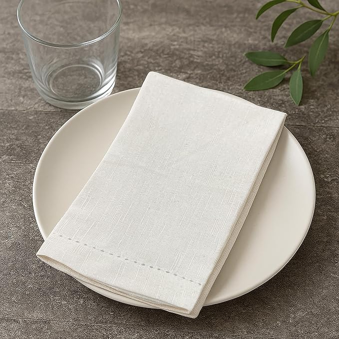 Ramanta Home Hemstitched Dinner Napkins Set of 12 - White, 18x18 Inches - Premium Textured Cotton Soft Cloth Napkins - Durable and Reusable for Weddings or Everyday Use