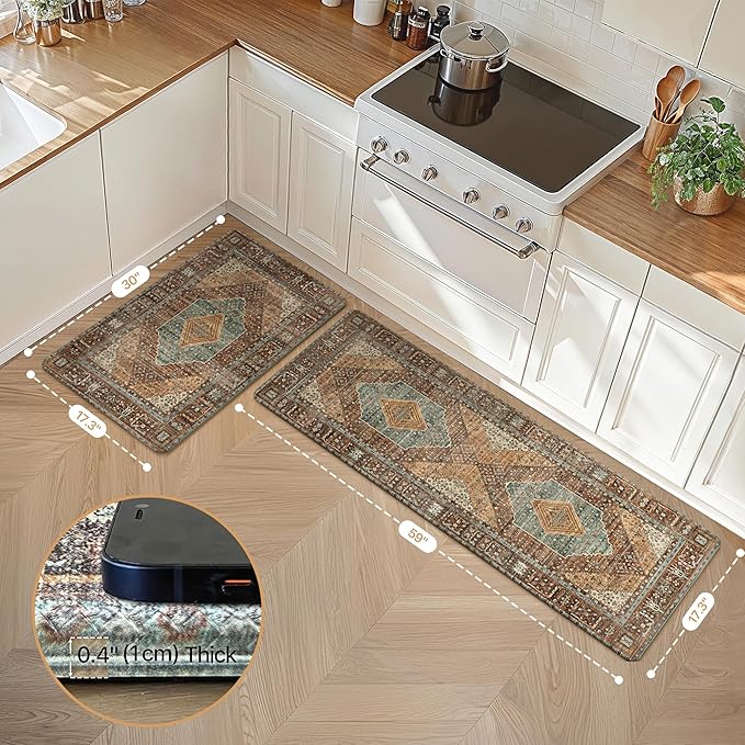 GENIMO Kitchen Mats for Floor 2PCs, Washable Anti Fatigue Mat for Cushioned, 17.3"x59"+17.3"x30", Waterproof Kitchen Rugs, Non Slip Comfort Standing Mat Rug for Home, Sink, Laundry, Brick