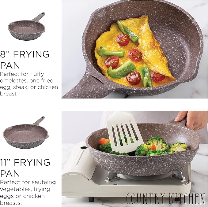 Country Kitchen Non-Stick Cast Aluminum Cookware Set - Durable Kitchen Cookware for Everyday Cooking, Chocolate Brown, 8 Pc.