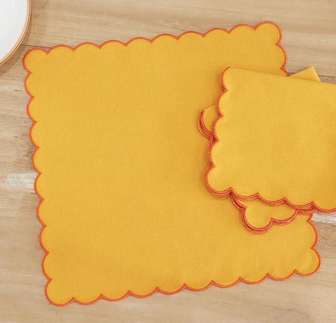 PurpleEssences Scalloped Embroidery Cloth Napkins Christmas Holiday Winter Table Decor 100% Cotton Set of 4-18 x 18 inch - Golden Yellow - Edges - Orange