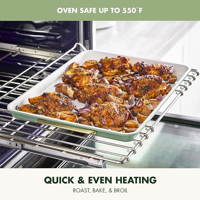 GreenPan Bakeware Set, 7 Piece Nonstick Ceramic Gold Handle Baking Sheets, Cake Pans, Loaf Pan, Muffin Tin, Cooling Rack, PFAS & BPA Free, Freezer to Oven Dish, Bake & Roast Ovenware, Sage Green