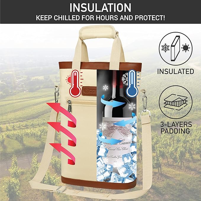 opux Two Bottle Wine Bag Carrier Tote, Insulated Leakproof 2 Bottle Wine Cooler Bag for Travel BYOB Picnic, Portable Wine Case, Gift for Men Women Wine Lover Birthday Party Christmas, Cream Beige
