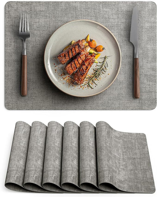 Faux Leather Vinyl Placemats Set of 6 Wipeable Heat Resistant Place Mats 100% Washable - Waterproof - Anti Slip Reversible Table Mats for Kitchen/Dining/Party/Outdoor, 12" x 16.5", Dark Grey
