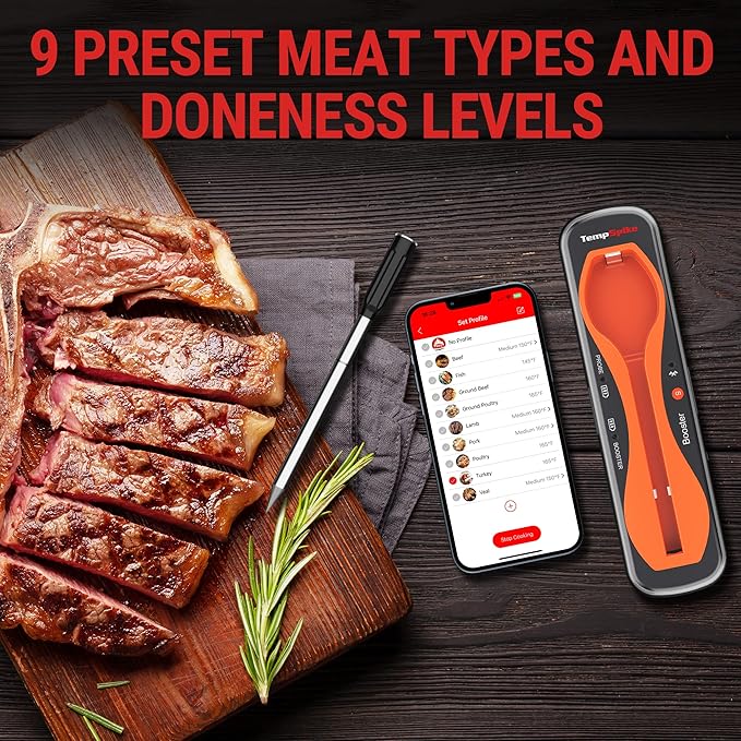 ThermoPro TempSpike 500 ft Wireless Meat Thermometer Digital, Bluetooth Meat Thermometer Wrieless for Beef Lamb Chicken Turkey, Smoker Acccessories for Rotisserie Sous Vide BBQ Oven Air Fryer